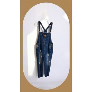 Women's Blue  Jean Denim‎ distressed Farm Boho Country  Grunge Overalls Size L